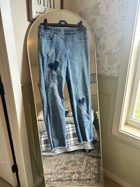 Light Blue Straight Leg Women’s Jeans with Heart Patch Detail